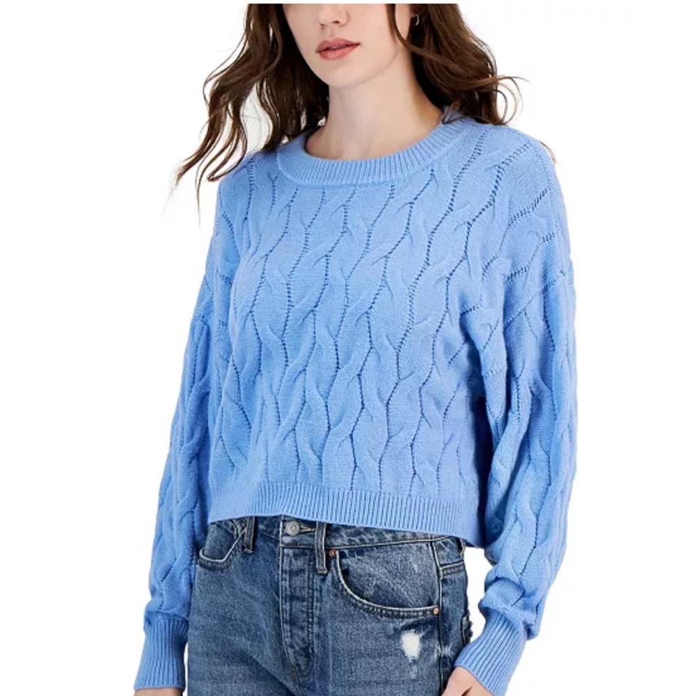 Pink Rose Baby Blue Cable-knit Slouchy Mock Neck Crop Sweater, Size Large